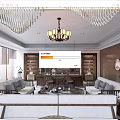 Modern Office Interior With Sofa Bookshelf Chandelier And Meeting Table Setup 3d model
