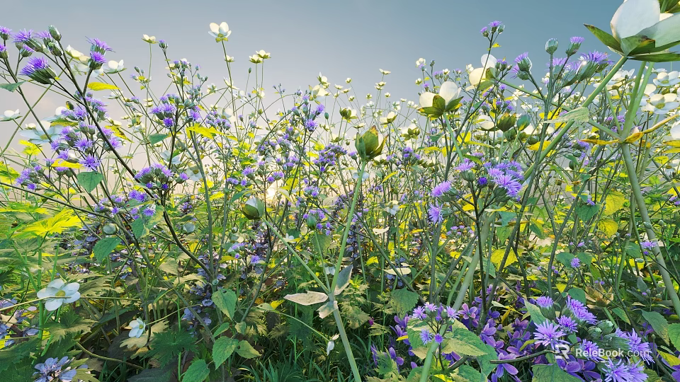 Lush Shrub With Purple And White Flowers And Green Leaves Under Blue Sky 3d model 