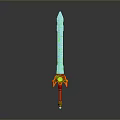 Turquoise Sword With Intricate Patterns And Red Hilt Featuring Yellow Green Decorations
