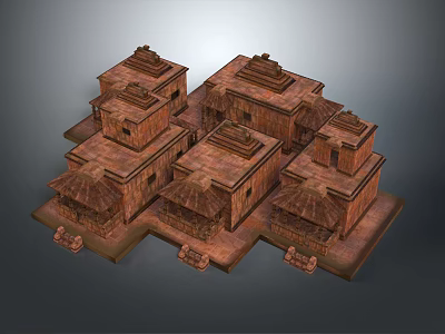 Ancient Architectural Complex With Multi Tiered Traditional Roofs And Symmetrical Brick Structures 3d model