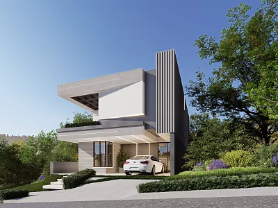 Modern Detached Villa Exterior With Unique Architectural Design Lush Greenery And Parked Car On Driveway 3d model