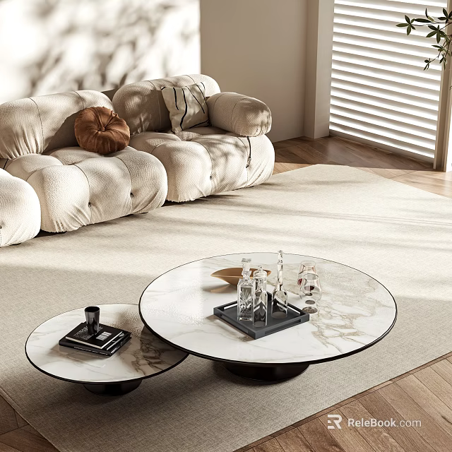 Modern Luxury Living Room Round Coffee Tables With Marble Tops Black Bases And Glassware Trays 3d model 