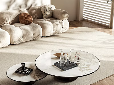 Modern Luxury Living Room Round Coffee Tables With Marble Tops Black Bases And Glassware Trays 3d model