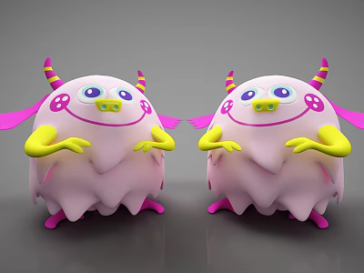 Cute Pink Cartoon Style Plush Toy With Yellow Arms Purple Horns And Smiling Face 3d model
