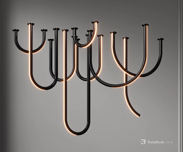 Modern Chandelier With Black Metal Frame And Illuminated Curved Shapes On Gray Wall Background 3d model 