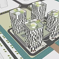 Modern Office Buildings with Black and White Geometric Facade Surrounded by Trees and Parked Vehicles