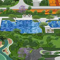 Residential Landscape Design with Surrounding Residential Buildings Central Water Feature Green Spaces and Walking Paths