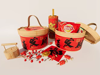 Gift Box New Year Gift Box Bamboo Basket Firecrackers Candy 3d model