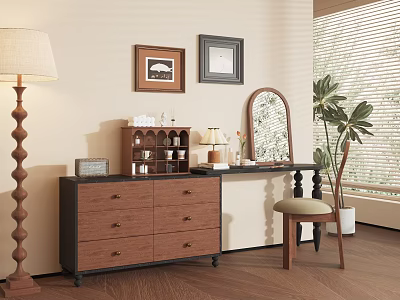 Brown Dressing Table With Drawers Mirror Stool Table Lamp And Wall Frames 3d model