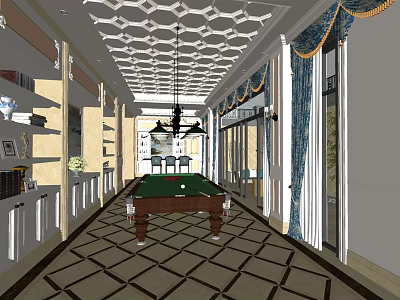 Elegant Billiard Room Interior With Pool Table Chandelier Ceiling Design Windows And Curtains 3d model