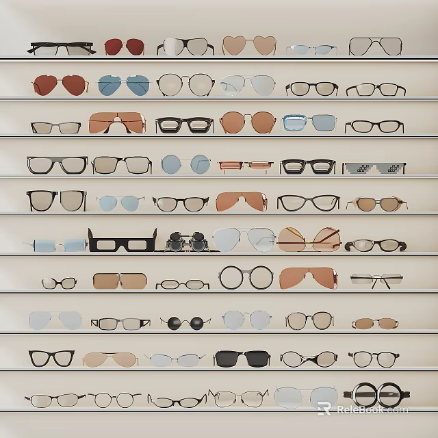 Various Stylish Glasses Frames Displayed On Shelves With Different Styles 3d model 