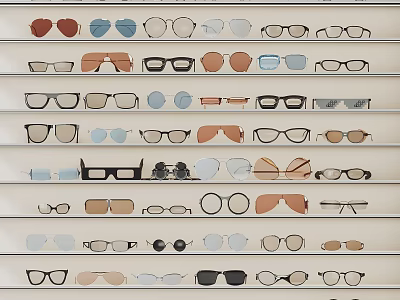 Various Stylish Glasses Frames Displayed On Shelves With Different Styles 3d model