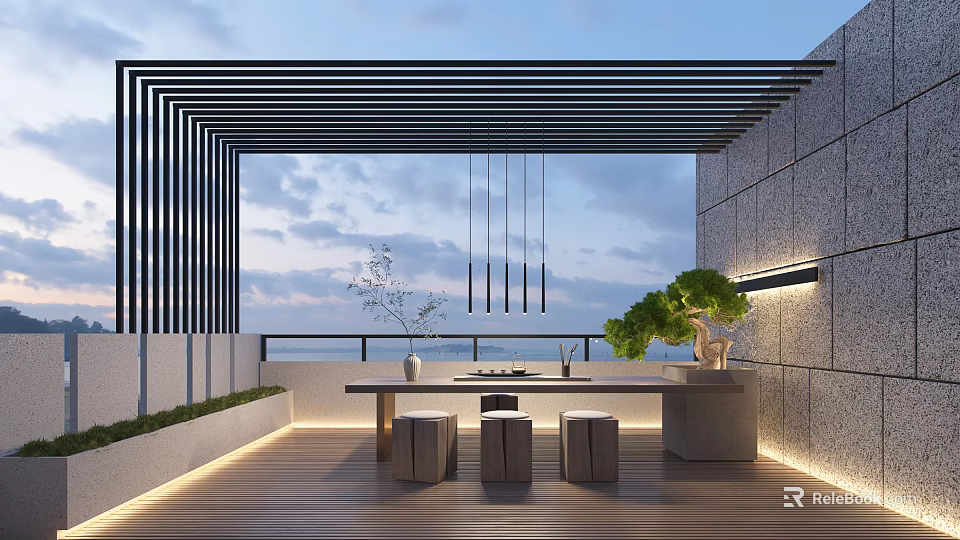 Modern Villa Balcony with Wooden Floor Black Slatted Pergola Hanging Pendant Lights Table Stools Greenery Sea View Stone Walls 3d model 