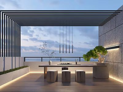 Modern Villa Balcony with Wooden Floor Black Slatted Pergola Hanging Pendant Lights Table Stools Greenery Sea View Stone Walls 3d model