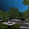 Natural Outdoor Scene With Lush Trees Green Grass Sofa Table And Blue Sky