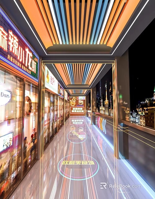Vibrant Night Snack Street With Colorful Shop Signboards And Bright Lighting 3d model 