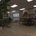 Modern Office Open Layout With Green Plants Sofa Wooden Floors And Tables