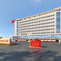 Modern Office Building With Glass Curtain Wall Red Flag Plaza Stone Monument And Red Billboard