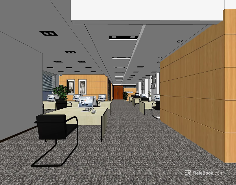 Spacious Public Office Space Interior With Wooden Walls Desks Computers And Recessed Lighting 3d model 