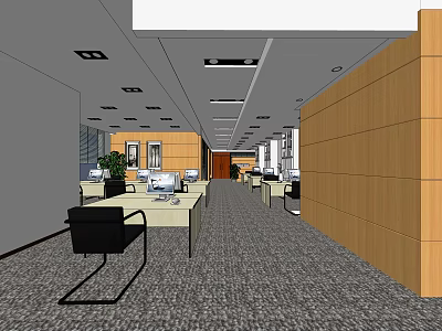 Spacious Public Office Space Interior With Wooden Walls Desks Computers And Recessed Lighting 3d model