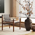 Modern Living Room Interior With Wooden Chair Woven Cushion Large Vase TV And Rug
