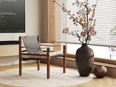 Modern Living Room Interior With Wooden Chair Woven Cushion Large Vase TV And Rug 3d model