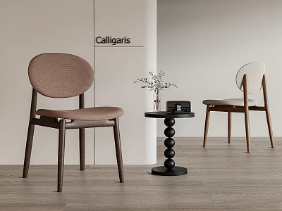 Stylish Table and Chair Set with Brown Beige Fabric Seats and Black Round Side Table 3d model