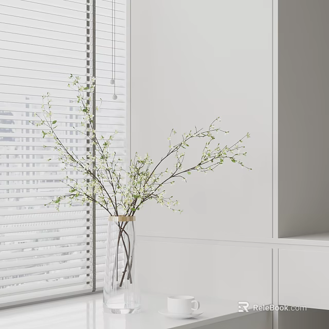 Modern Minimalist Vase with Small Flowers and Branches by White Blinds and Cabinet 3d model 