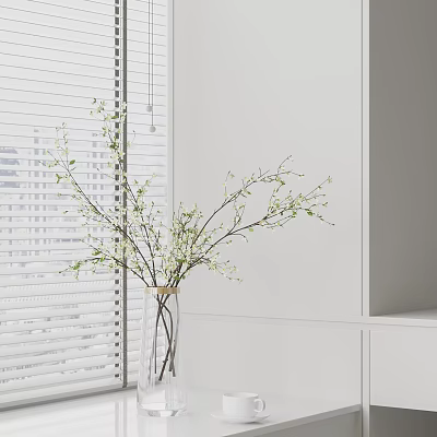Modern Minimalist Vase with Small Flowers and Branches by White Blinds and Cabinet 3d model