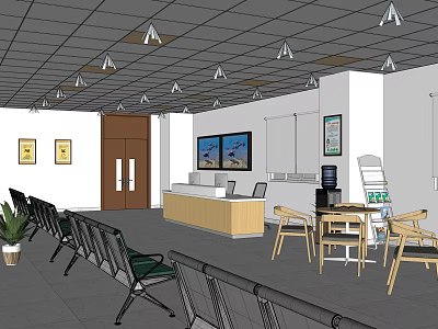 Modern Waiting Area Interior Design With Reception Counter Waiting Chairs and Wall Paintings 3d model