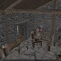 Hardware Tools In Medieval Workshop With Stone Walls Wooden Barrels Axe And Beams