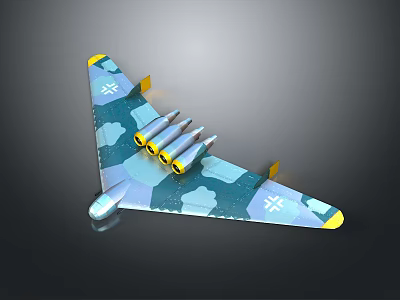 Blue White Camouflage Aircraft Model With Triangular Wings Four Yellow Engines And White Cross Markings 3d model