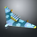 Blue White Camouflage Aircraft Model With Triangular Wings Four Yellow Engines And White Cross Markings