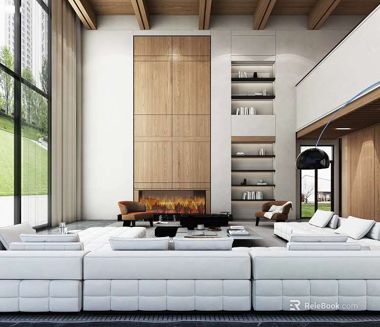 Modern Duplex Living Room With High Ceiling Large Windows Wooden Wall And White Sofas 3d model