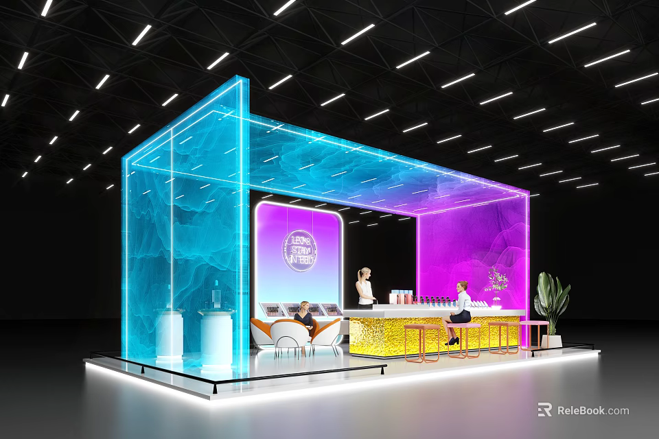 Modern Exhibition Booth With Blue Purple Neon Lights Transparent Structure Bar Counter Staff And Plants 3d model 