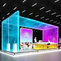 Modern Exhibition Booth With Blue Purple Neon Lights Transparent Structure Bar Counter Staff And Plants