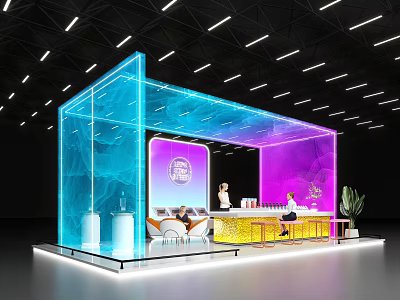 Modern Exhibition Booth With Blue Purple Neon Lights Transparent Structure Bar Counter Staff And Plants 3d model