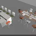 Modern Conference Table Featuring Multicolored Chairs And Desktop Items For Office Meetings