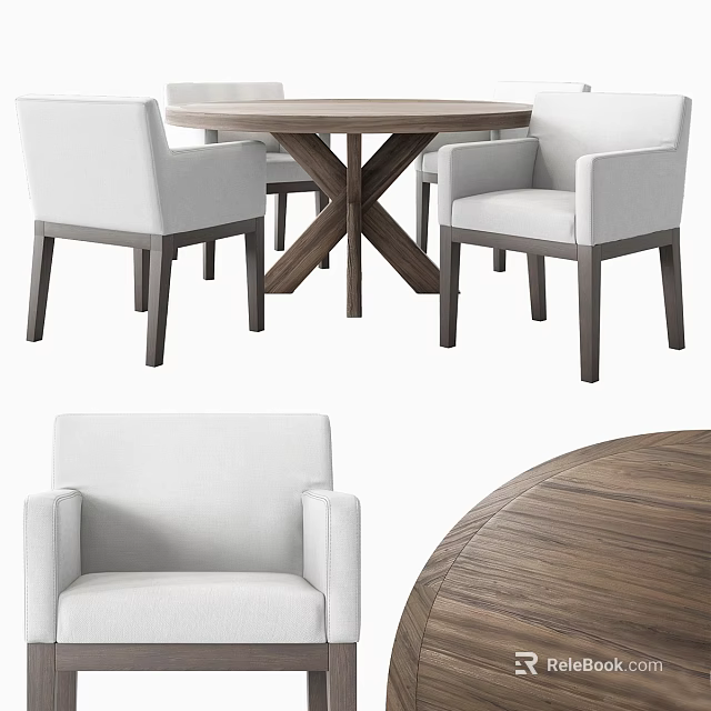 Modern Round Wooden Dining Table Set With White Upholstered Gray Leg Chairs 3d model 