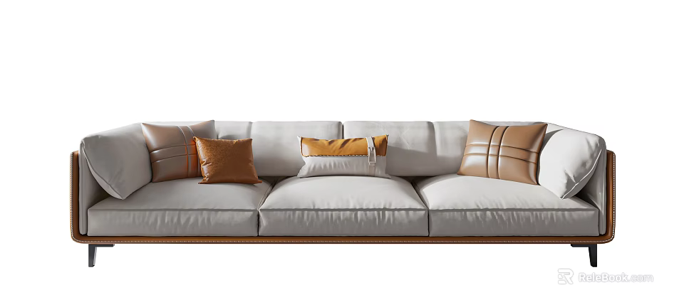 Modern Three Seater Gray Sofa With Brown Orange And White Decorative Pillows 3d model 