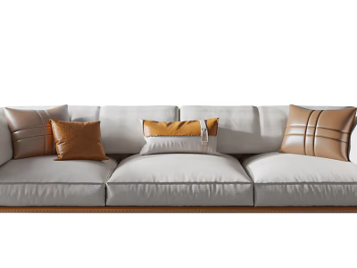 Modern Three Seater Gray Sofa With Brown Orange And White Decorative Pillows 3d model