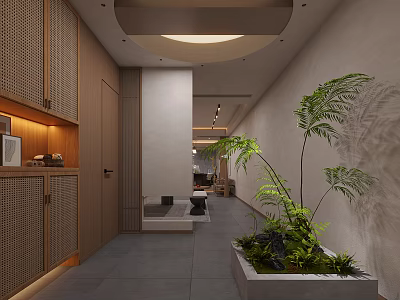Modern Office Corridor Interior With Wooden Grille Cabinets And Potted Green Plant 3d model