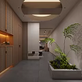Modern Office Corridor Interior With Wooden Grille Cabinets And Potted Green Plant
