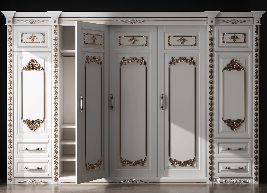 Elegant White European Style Wardrobe With Gold Carved Details Open Doors And Drawers 3d model 