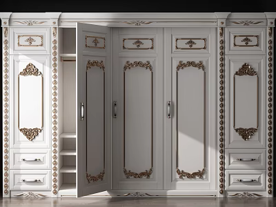 Elegant White European Style Wardrobe With Gold Carved Details Open Doors And Drawers 3d model