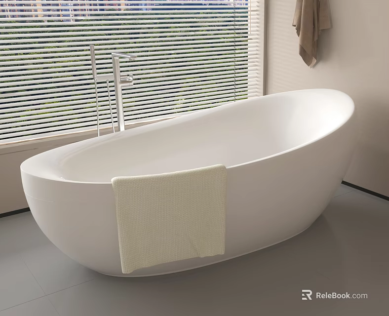 White Freestanding Bathtub With Faucet And Light Colored Towel By Window With Blinds 3d model 