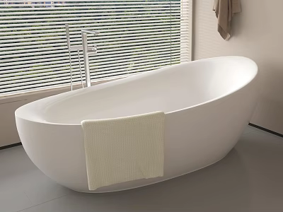 White Freestanding Bathtub With Faucet And Light Colored Towel By Window With Blinds 3d model