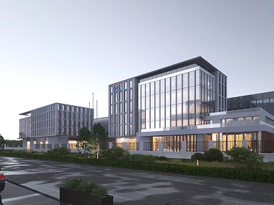 Modern Industrial Park With Glass Facade Buildings Landscaping And Lighting Features 3d model