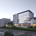 Modern Industrial Park With Glass Facade Buildings Landscaping And Lighting Features