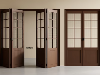 Brown Folding Doors With Glass Panels In Open And Closed Interior Setting 3d model